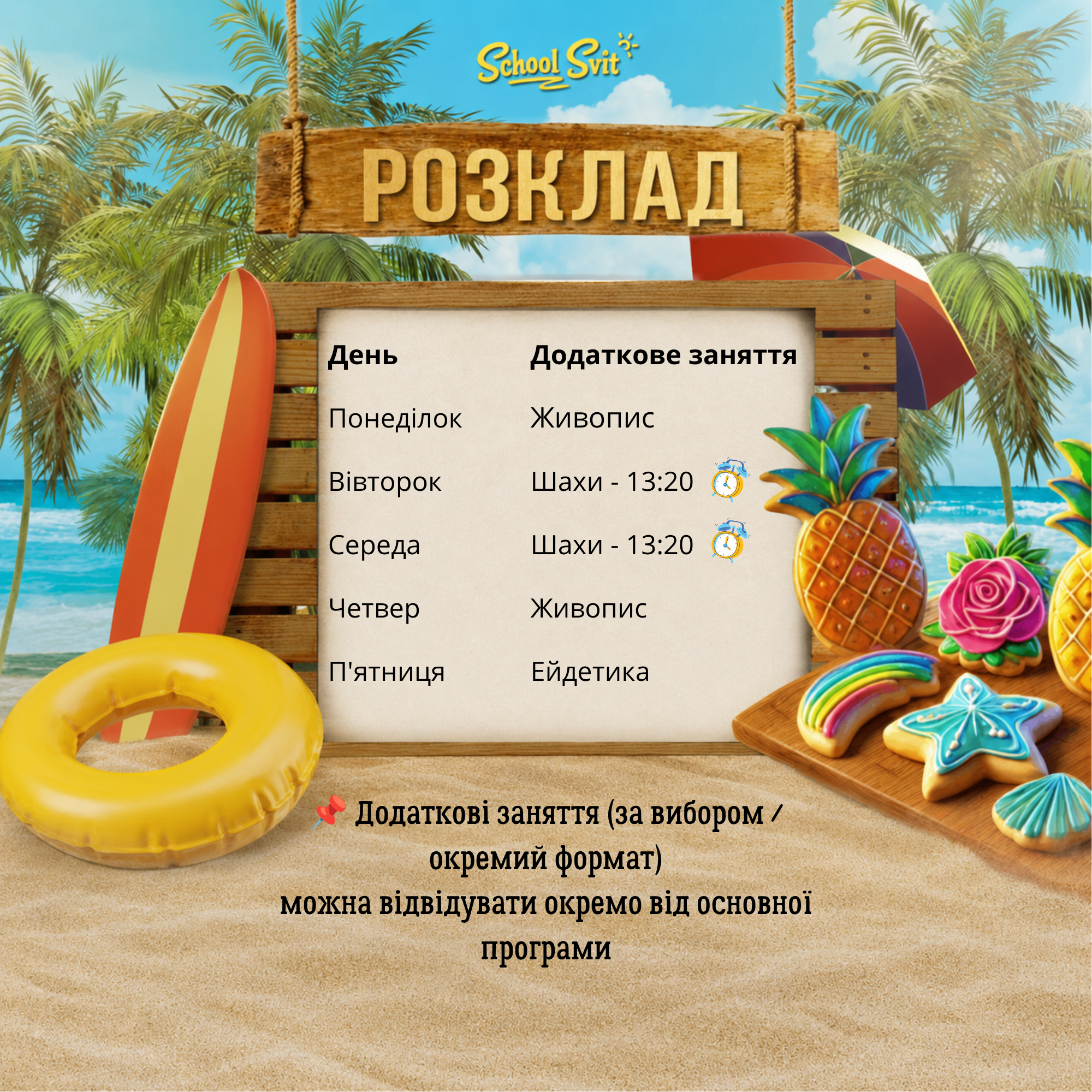 ⏰ Розпорядок дня 1000 — ранкове коло 1015 — руханка 1030 — фруктовий перекус 1045 — тематичне заняття 1145 — прогулянка 1230 — творчий або розвивальний блок 1320 — завершення дня (9)